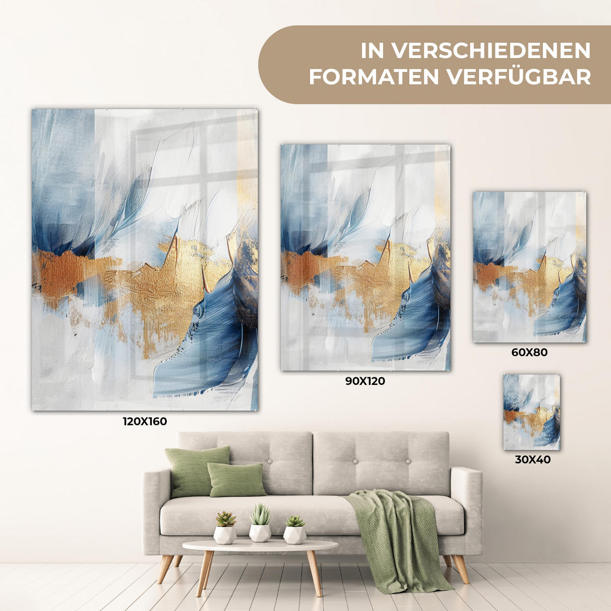 ACRYLGLASBILD Gold - Blau - Aquarell - Kunst - Modern 60x80 cm - Hellblau, Glas (60/80cm) - MuchoWow