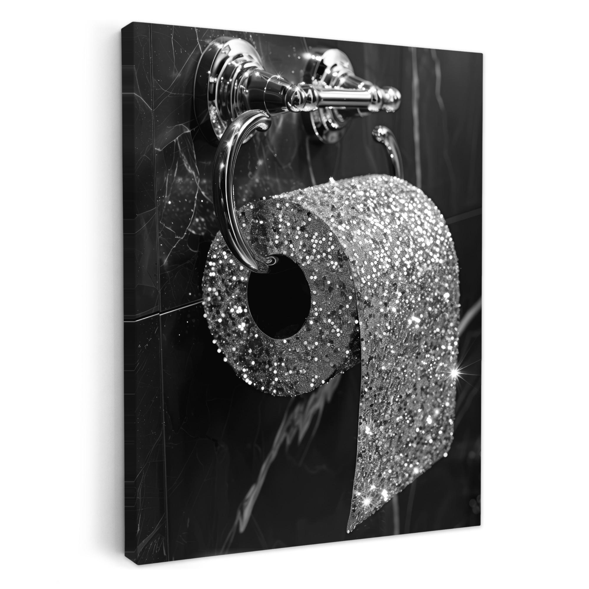 LEINWANDBILD WC - Toilettenpapier - Schwarz und weiß - Glitter 60x80 cm - Silberfarben, Textil (60/80cm) - MuchoWow