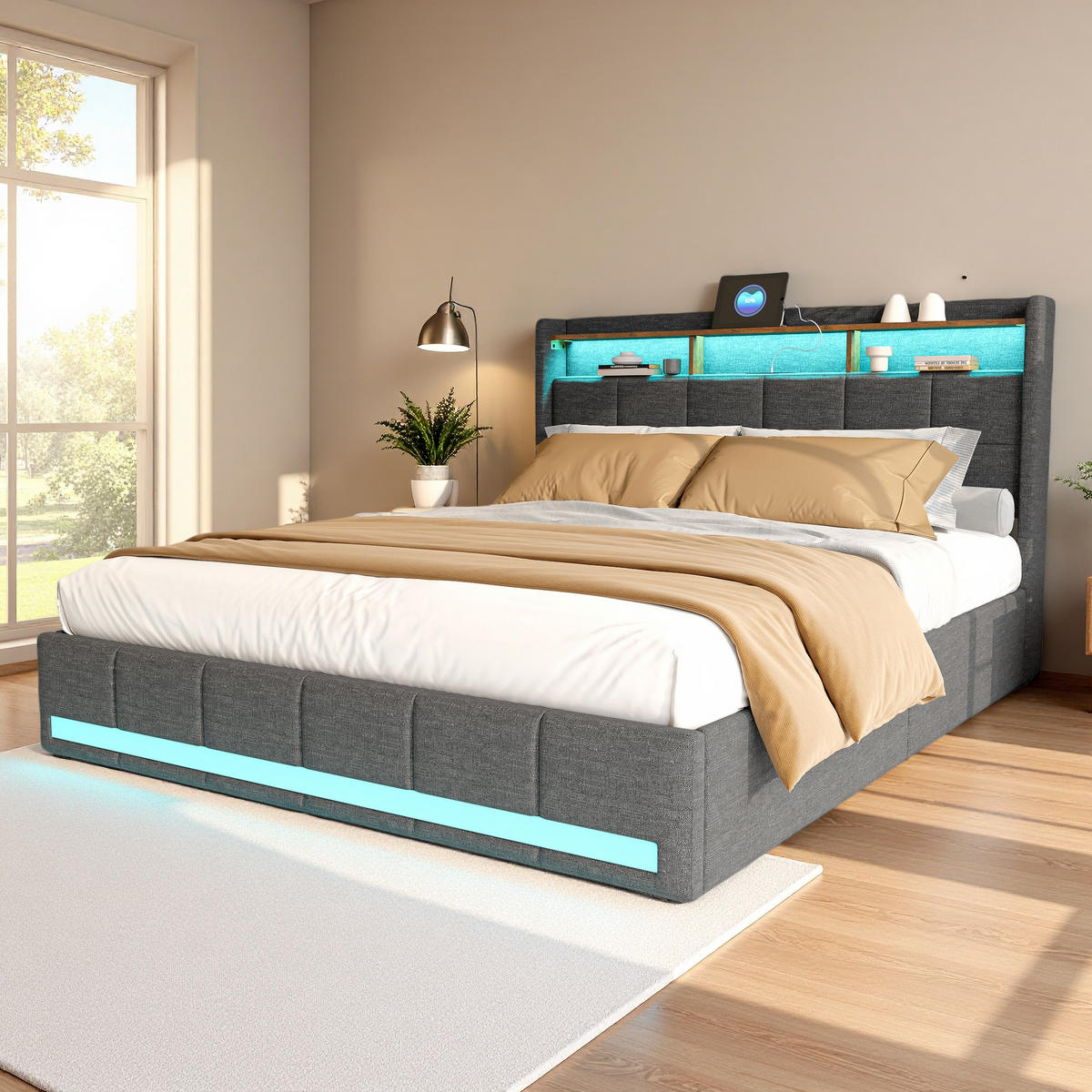 POLSTERBETT 180x200 cm Grau Stoff LED USB Typ-C 4 Schubladen - Schwarz, Holz (180/200cm) - SHOPENTRA