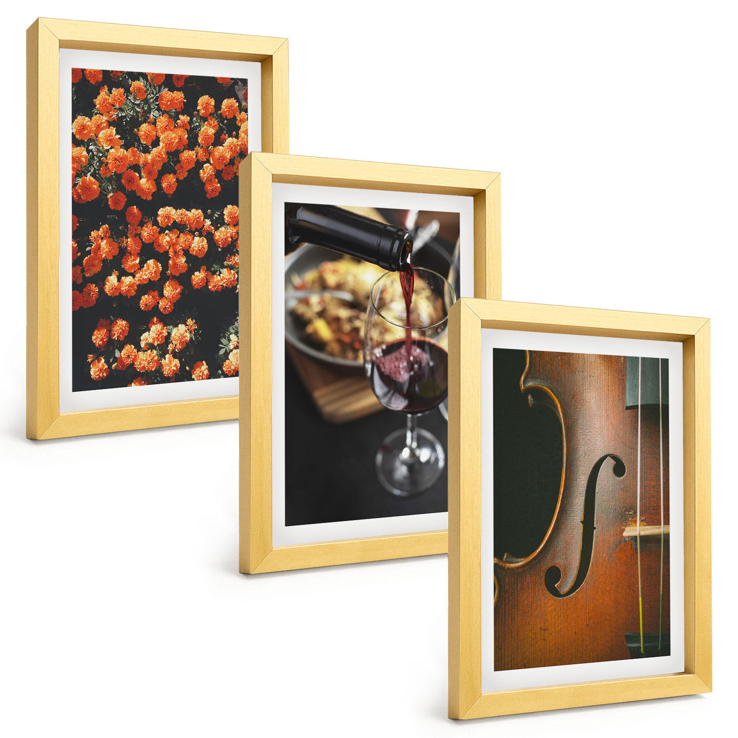 BILDER SET 3er Set - 20x30 cm Goldrahmen - Vintage Blumen Wein Geige - Goldfarben, Kunststoff (20/30cm) - TULUP