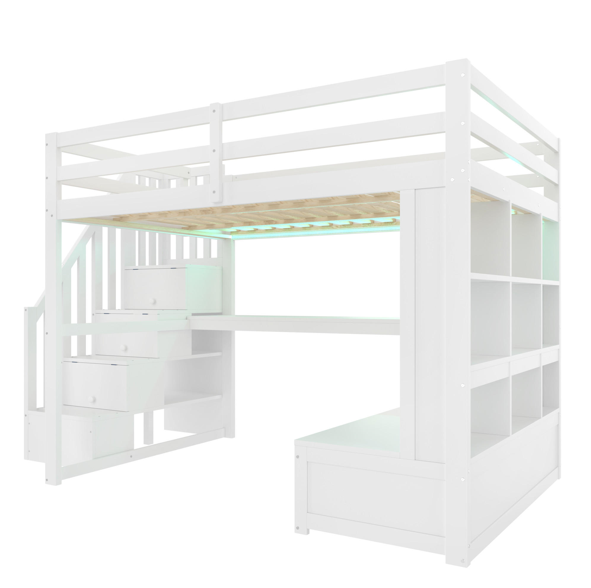 HOCHBETT 140/200 cm weiß aus MDF und Kiefer mit Schreibtisch, Regalen, 2 Schubladen und LED - Weiß, Holzwerkstoff (140/200cm) - OKWISH