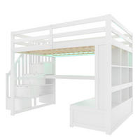 HOCHBETT 140/200 cm weiß aus MDF und Kiefer mit Schreibtisch, Regalen, 2 Schubladen und LED - Weiß, Holzwerkstoff (140/200cm) - OKWISH