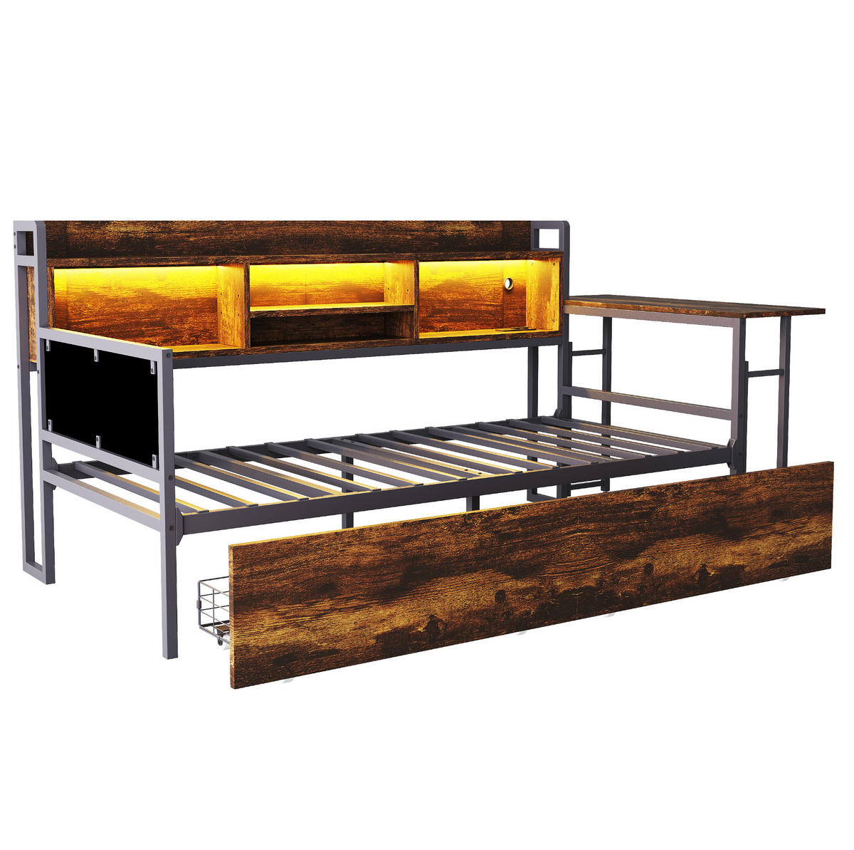 BETT 90/200 cm mit Schreibtisch, LED-Beleuchtung und Stauraum in Holzfarben - Naturfarben, Metall (90/200cm) - Flora Grace