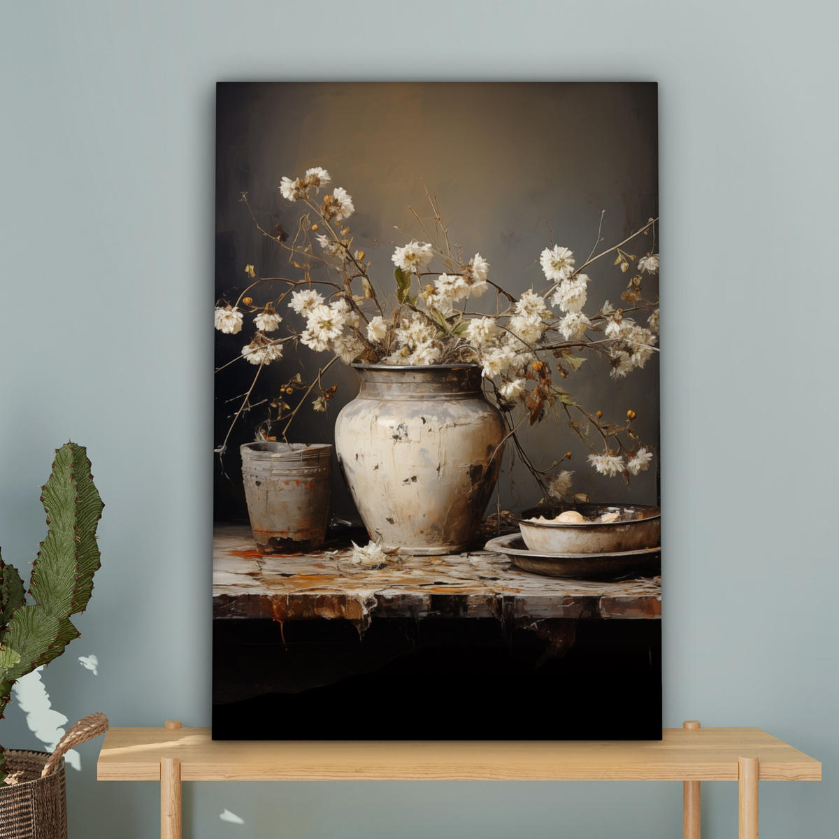 LEINWANDBILD Stilleben - Blumen - Blumenstrauß - Vase - Wein Wanddeko Schlafzimmer 60x90 cm - Schwarz, Textil (60/90cm) - MuchoWow