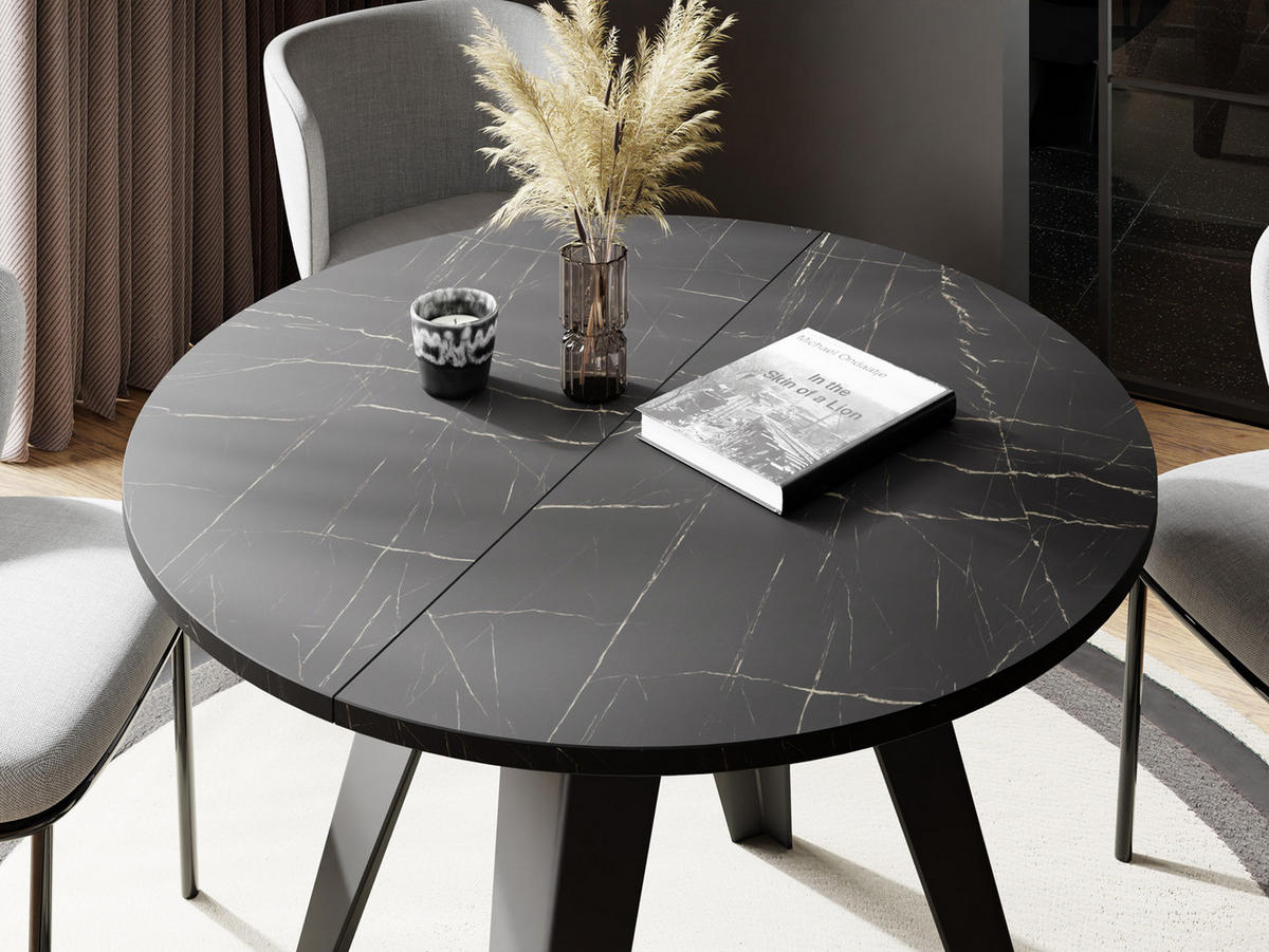 ESSTISCH Glory runder ausziehbarer, Marmor Schwarz 100-140/100/76 cm - Anthrazit/Schwarz, Holzwerkstoff/Metall (100/100/76cm) - WFL GROUP