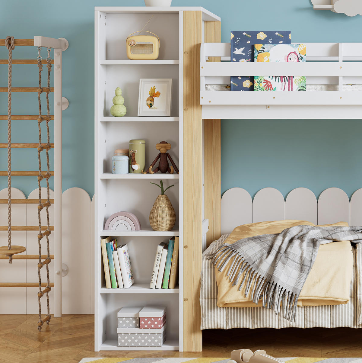 ETAGENBETT 90/200 cm aus Kiefer und MDF mit Kleiderschrank und 6 Regalen Weiß/Natur - Weiß, Holzwerkstoff (90/200cm) - Modenvie