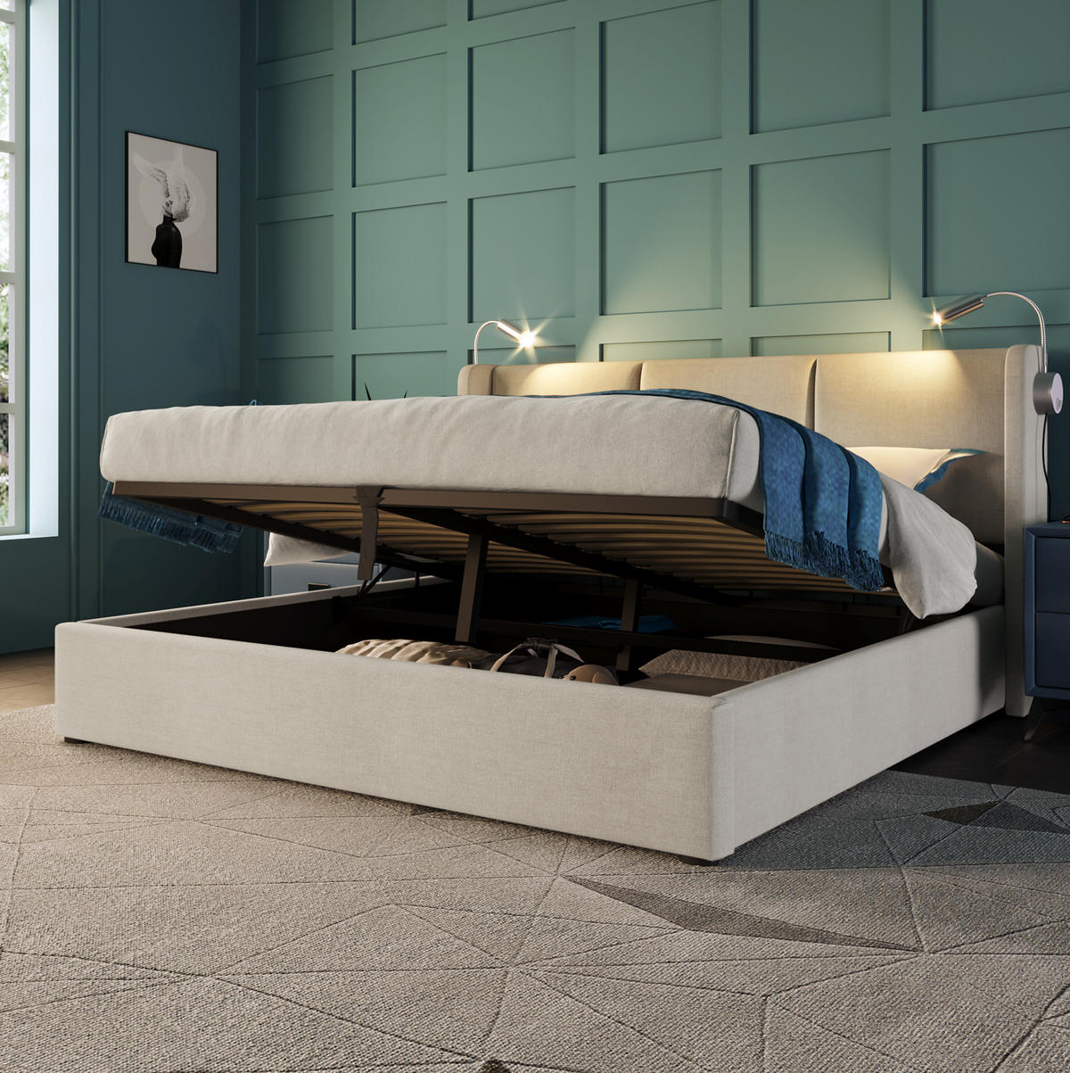 POLSTERBETT mit Bettkasten 140x200 cm Beige inklusive Matratze - Beige, Metall (140/200cm) - Meubliv