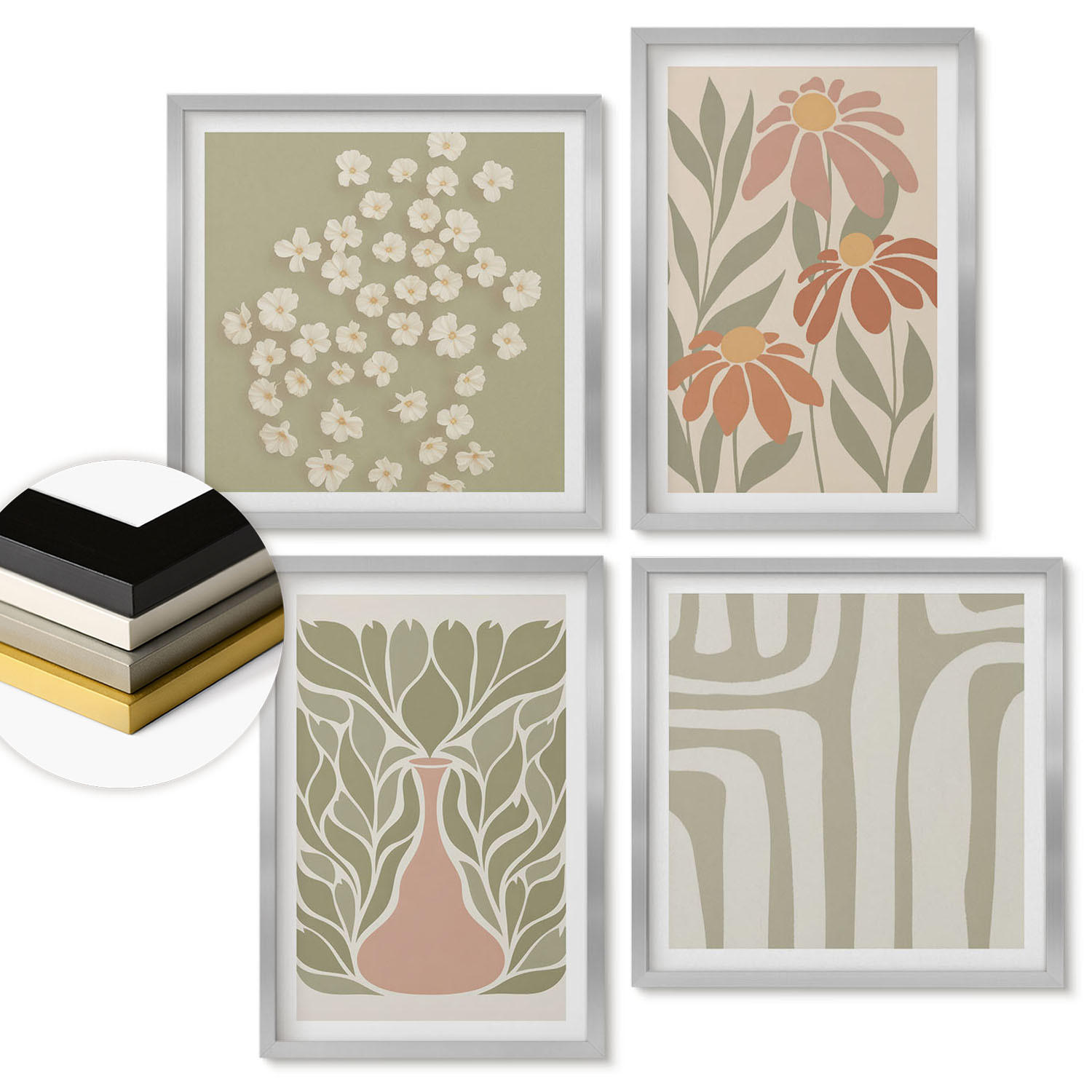 WANDBILDER 4er Set - 50x50 cm & 40x60 cm Silberner Rahmen - Floraler minimalistischer Boho-Stil - Silberfarben, Kunststoff (50/50cm) - ArtPrintCave