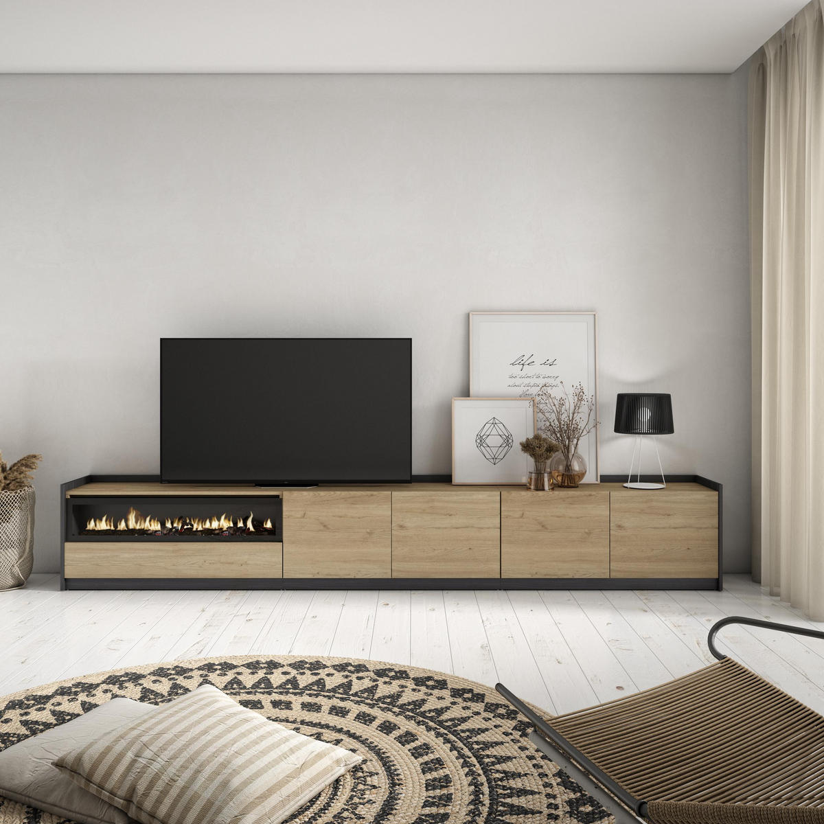 TV-SCHRANK, Lowboard, Eiche Schwarz, Elektrokamin, 310/37/50cm - Eichefarben, Holzwerkstoff (310/50/37cm) - Skraut Home