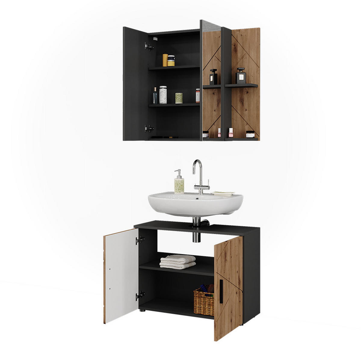 BADMÖBEL-SET Irma Anthrazit/Artisan 2 Teile - Anthrazit/Hellgrau, Holzwerkstoff (80/59/30cm) - Vicco