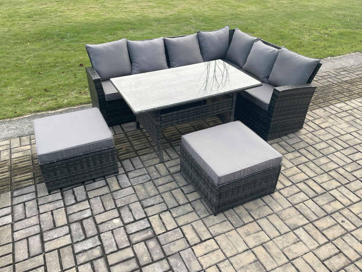 LOUNGEGARNITUR mit Esstisch Sofa Polyrattan Dunkelgrau 8-Sitzer - Dunkelgrau/Grau, Glas/Kunststoff - Fimous