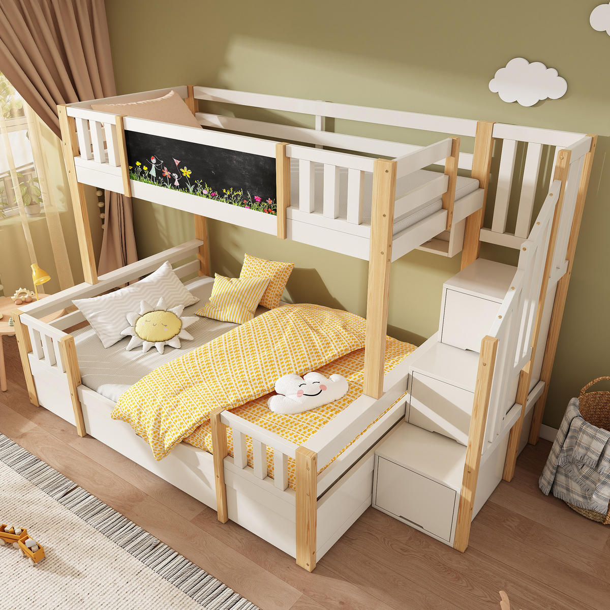 ETAGENBETT 90/200 cm Weiß aus Holz mit Kreidetafel und Stauraumtreppe - Weiß, Holzwerkstoff (90/200cm) - OKWISH