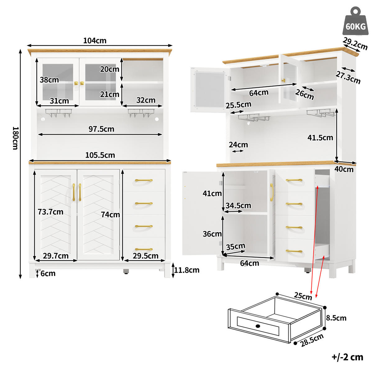 HIGHBOARD in Weiß Küchenschrank mit LED-Beleuchtung und Schubladen für Küche und Wohnzimmer, B105.5/T40/H180 cm - Weiß, Glas/Holzwerkstoff (105.5/180/40cm) - STILVORA