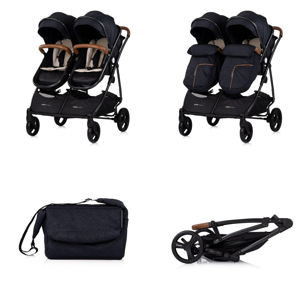 GESCHWISTERKINDERWAGEN Duo Smart schwarz beige klappbar, umbaubar, verstellbar, Fußsack - Beige/Schwarz, Metall (80/75/104cm) - Chipolino