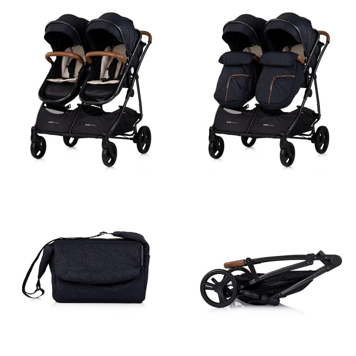 GESCHWISTERKINDERWAGEN Duo Smart schwarz beige klappbar, umbaubar, verstellbar, Fußsack - Schwarz, Metall (80/75/104cm) - Chipolino
