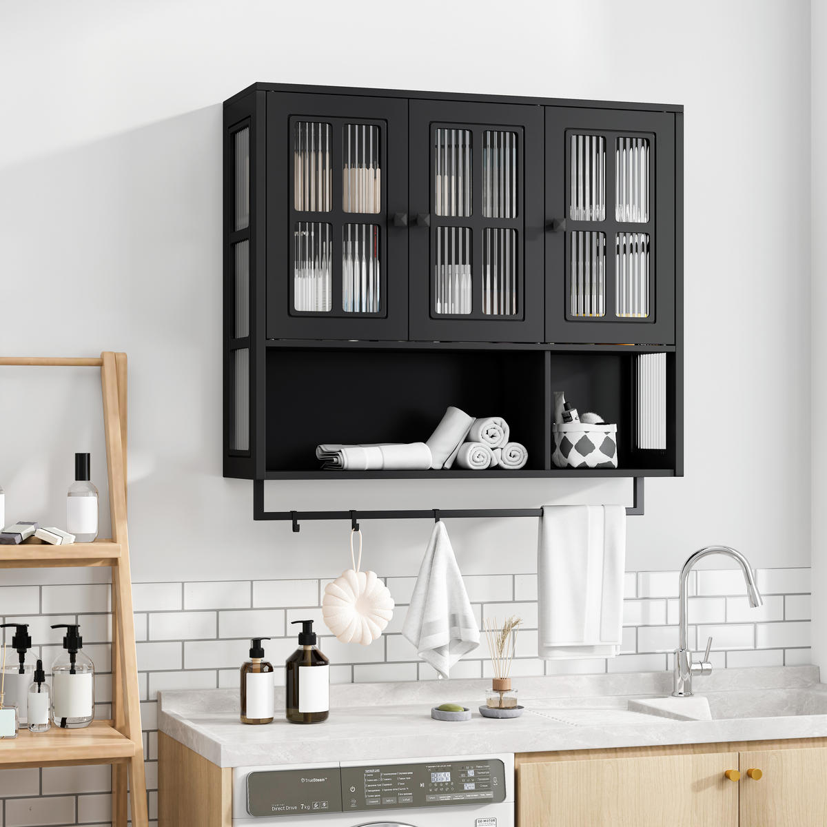 KÜCHENOBERSCHRANK 88x26x82.5 cm in Schwarz aus Sicherheitsglas mit geriffeltem Glas & Handtuchstange - Schwarz, Holzwerkstoff (88/82.5/26cm) - Modfu