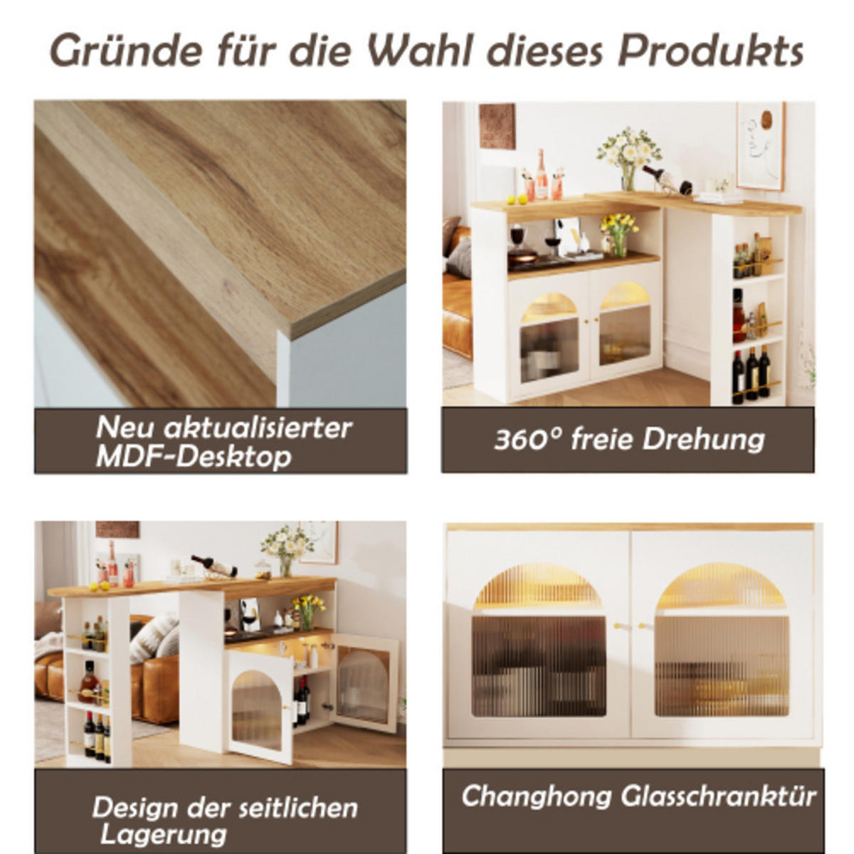 BARTISCH mit LED Beleuchtung, drehbarem Bar-Schrank mit dreistufigem Stauraum, Glasfront und ausziehbarer Stehtischfunktion, weiß - Weiß, Holzwerkstoff (193/39/105cm) - Luhomfu