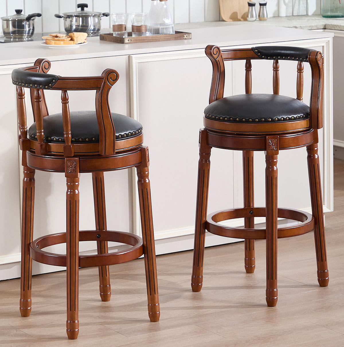 BARHOCKER drehbar mit Rückenlehne 75 cm Leder Holz Schwarz - Schwarz, Holz (54.8/96/54.81cm) - Meubliv