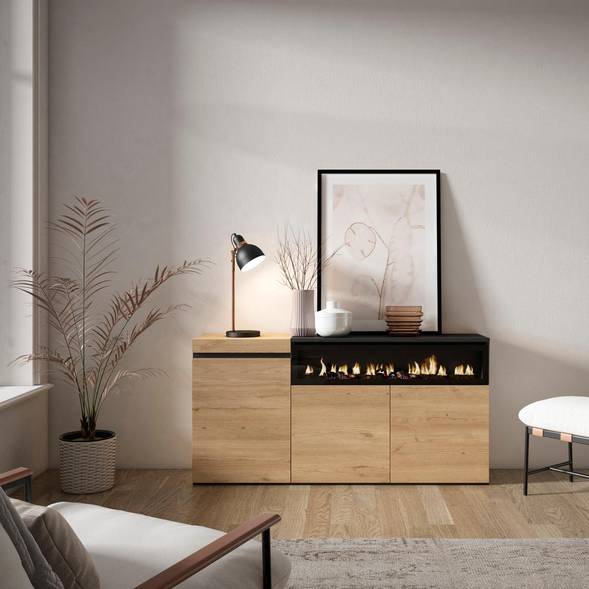 SIDEBOARD Elektrokamin, eiche, schwarz, 150/35/75cm - Multicolor, Holzwerkstoff (150/75/35cm) - Skraut Home