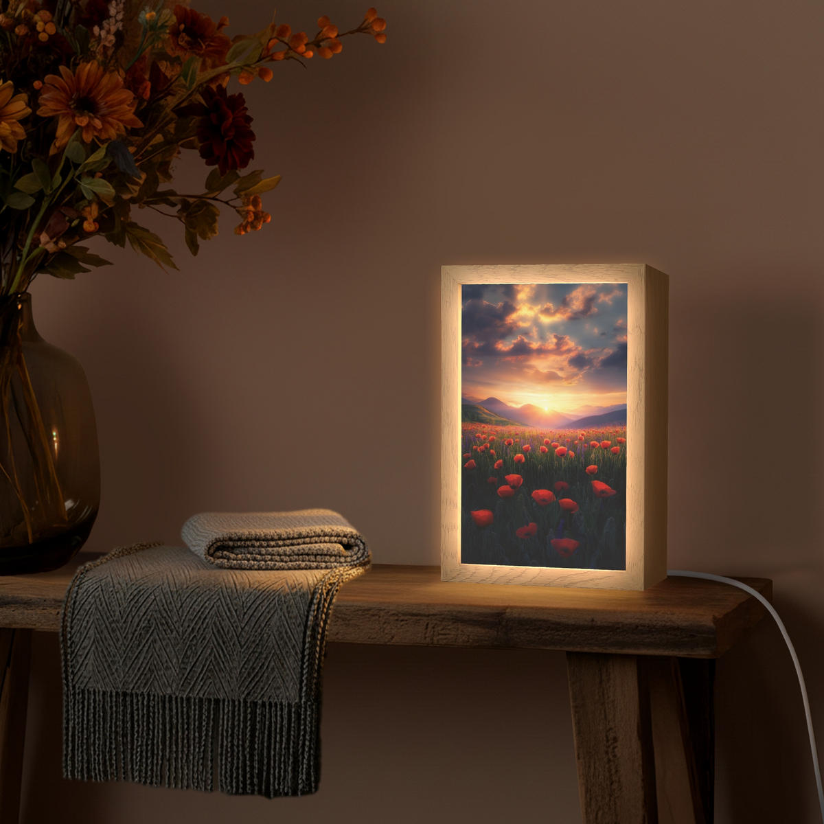 WANDLEUCHTE Landschaft - Sonnenuntergang - Blumenfeld 20x30 cm - Rot, Holzwerkstoff (20/30/8cm) - OnlyWow