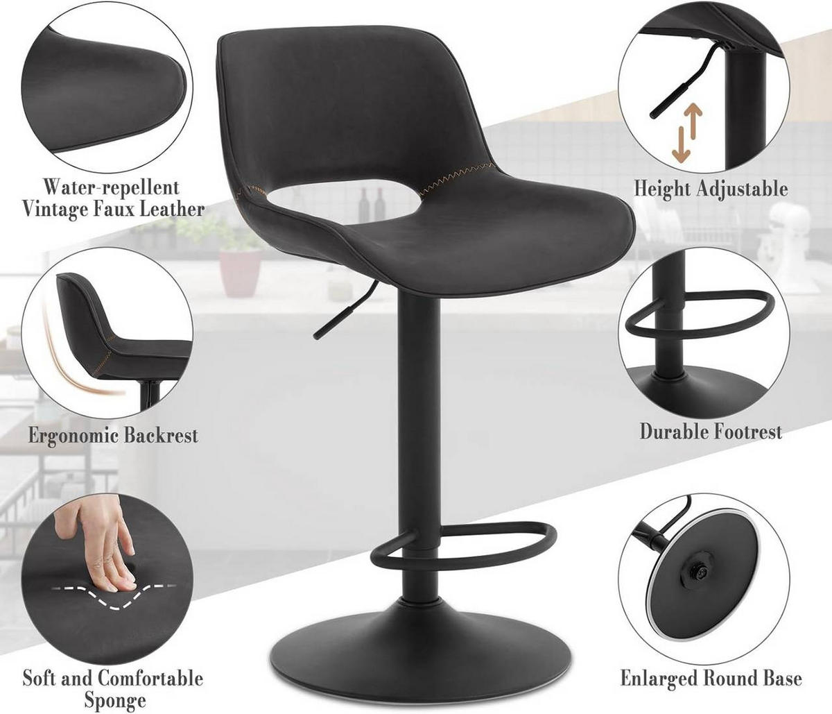 BARHOCKER 4er Set, Kunstleder Metall, Anthrazit - Anthrazit/Schwarz, Kunststoff/Metall (49/84/49cm) - Woltu