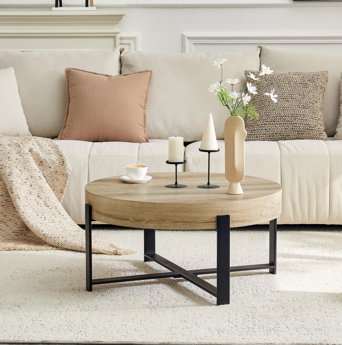 COUCHTISCH 68/68/36 cm aus MDF und Metall mit verdickter Tischplatte und Kreuzgestell, Schwarz, Holzfarben - Schwarz, Holzwerkstoff (68/68/36cm) - Redom