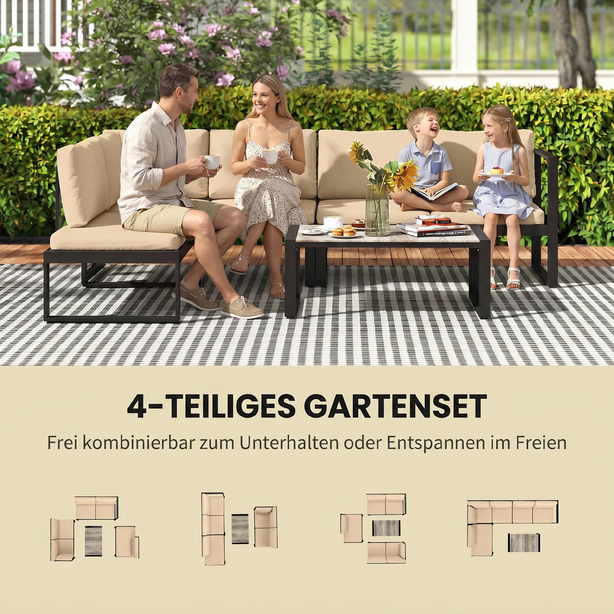 GARTENSET 4-teilig Beige 247.0/152.0/65.0 cm - Beige, Metall