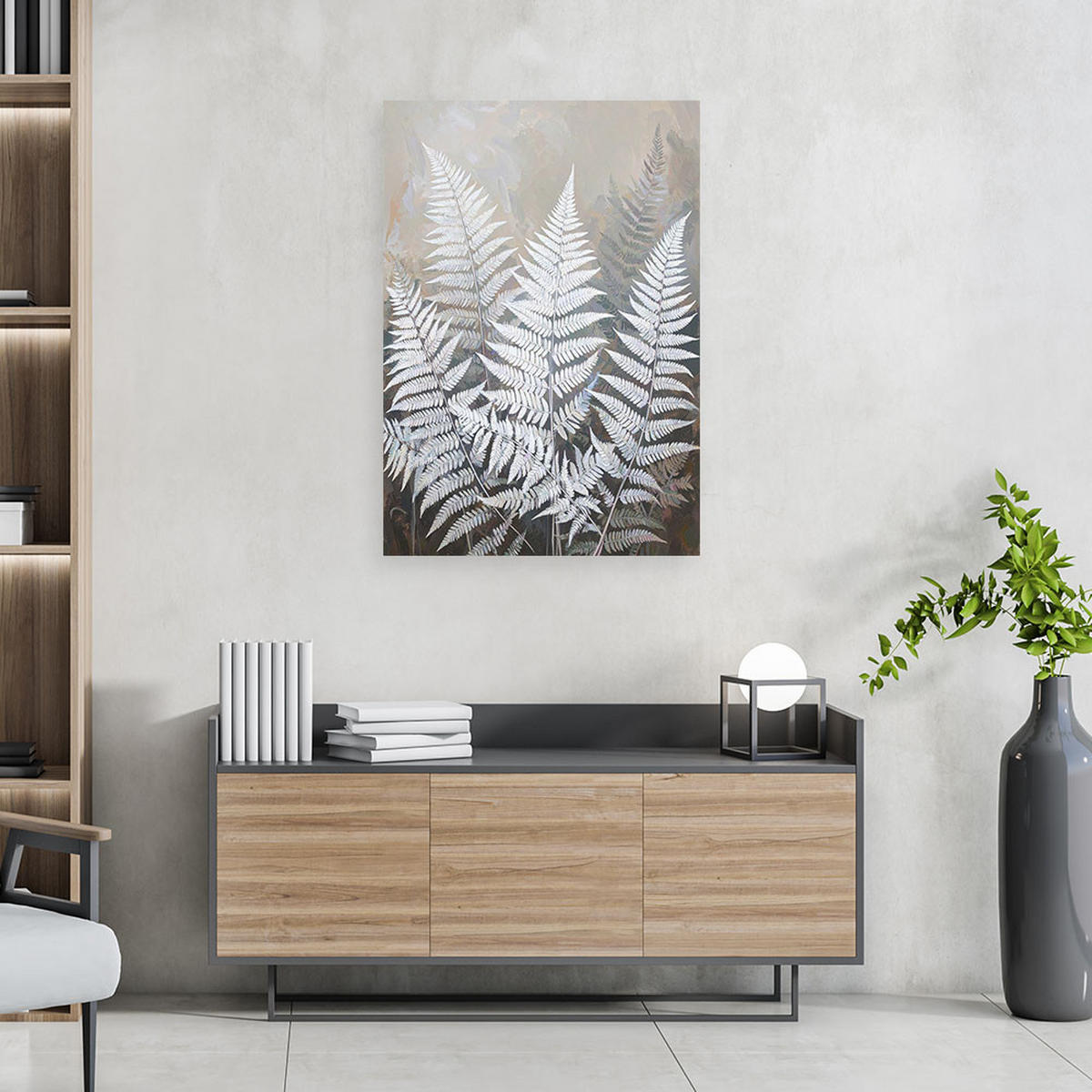 BILD auf Leinwand, Farnblätter Natur Pflanzen weiß beige - Weiß, Textil (80/120cm) - Feeby