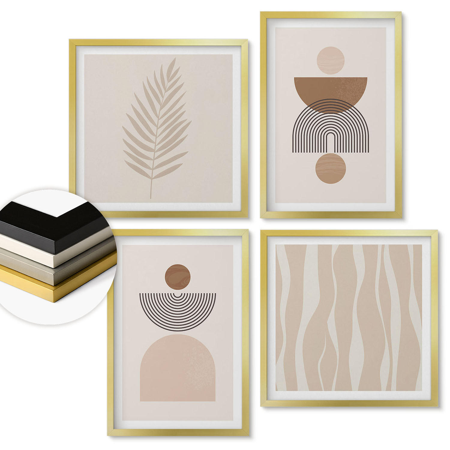 WANDBILDER 4er Set - 50x50 cm & 40x60 cm Goldrahmen - Abstrakte Formen braun beige - Goldfarben, Kunststoff (50/50cm) - ArtPrintCave