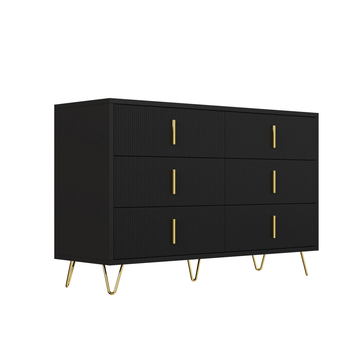 SIDEBOARD 120/40/77 cm mit 6 Schubladen, Wellenfront und goldfarbenen Griffen aus Spanplatte, Schwarz/Gold - Schwarz, Holzwerkstoff (120/77/40cm) - Redom