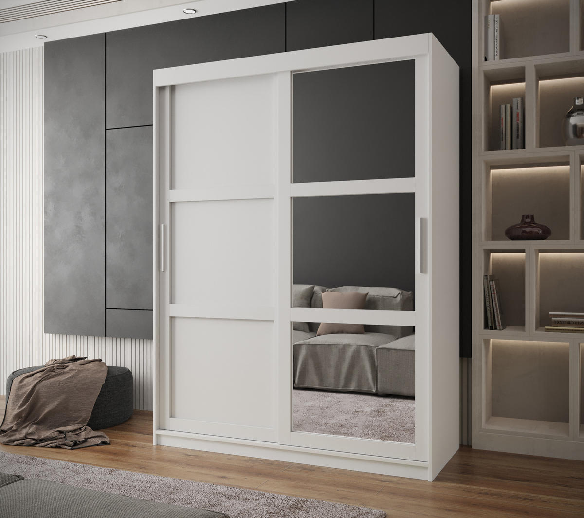 SCHWEBETÜRENSCHRANK 200/150/62 2-türig - Silberfarben/Weiß, Holz/Kunststoff (150/200/62cm) - MÖBEL KRYSPOL
