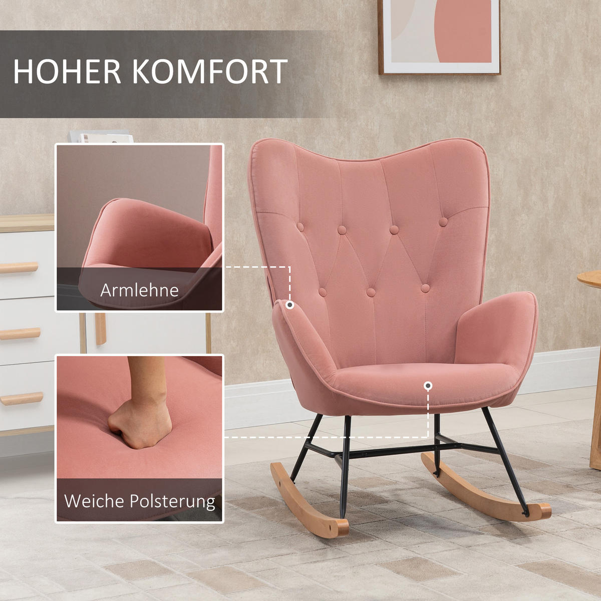 SCHAUKELSTUHL Schaukelsessel mit Stahlrahmen gepolstert Rosa+Natur - Rosa, Kunststoff (70/96/65cm) - HOMCOM