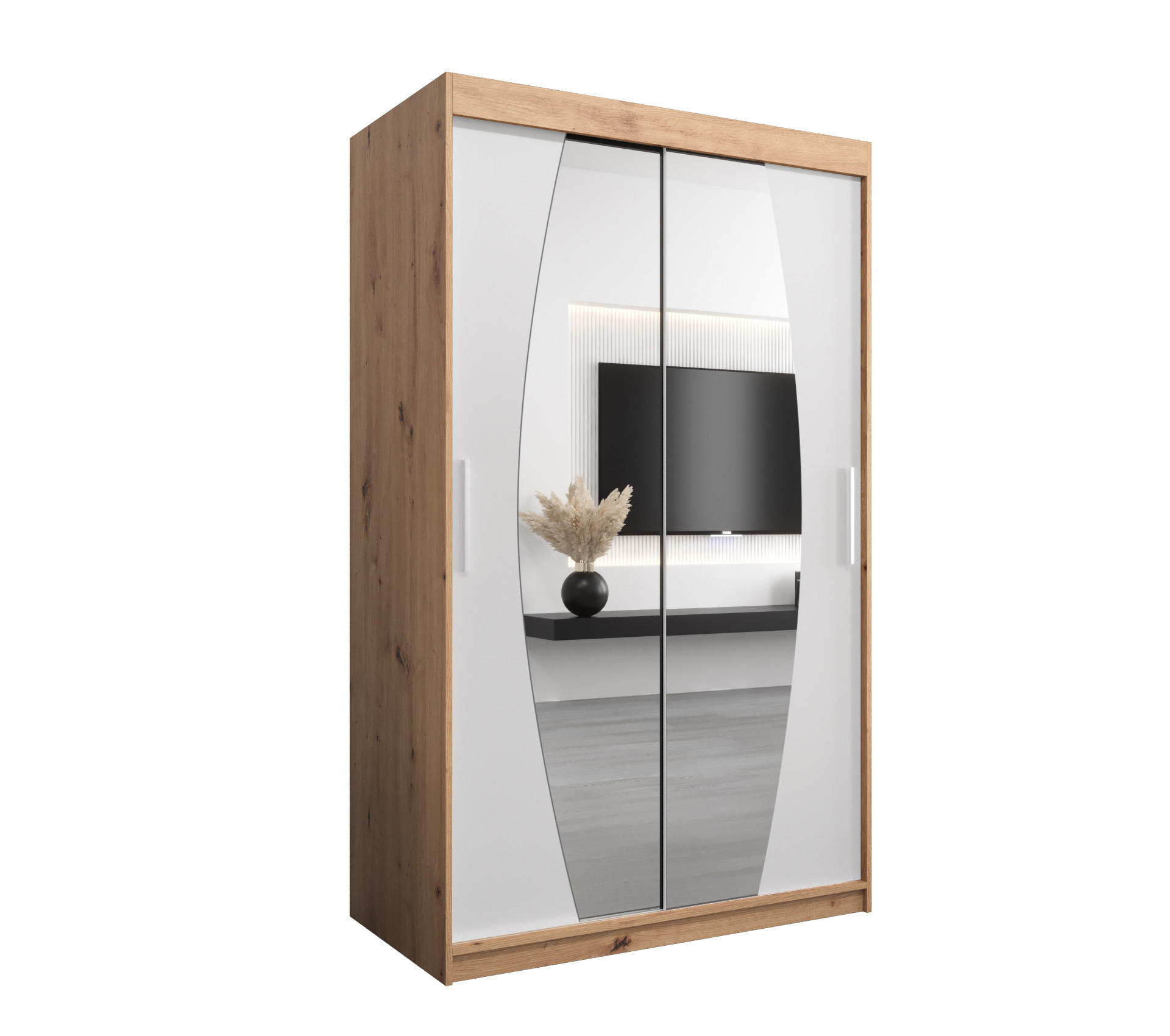 Abiks Möbel Schwebetürenschrank Eiche Artisan, Weiß 120x200x62 cm
