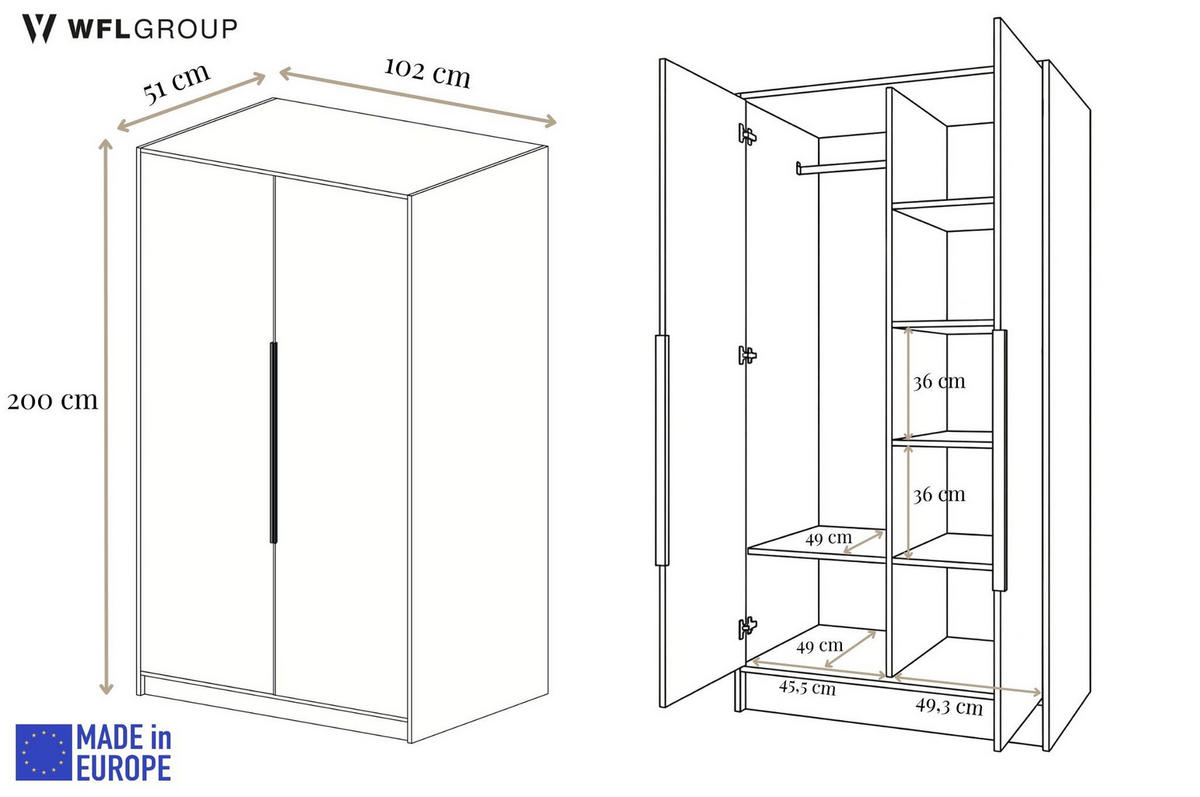 KLEIDERSCHRANK Mono Bis im Skandi-Stil, Drehtüren mit Schwarze Metallgriffe, Kaschmir 102/200/51 cm - Kaschmir, Holzwerkstoff (102/200/51cm) - WFL GROUP