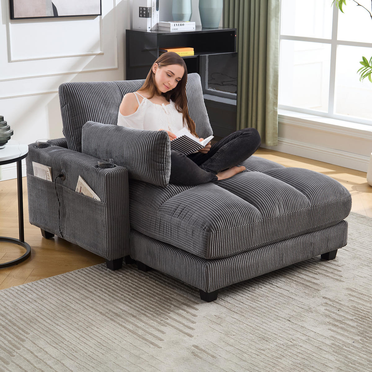 RÉCAMIERE 2-Sitzer Cord Grau mit USB, Getränkehaltern und Seitentasche - Grau, Holzwerkstoff/Kunststoff (140/81/121cm) - WISHDOR