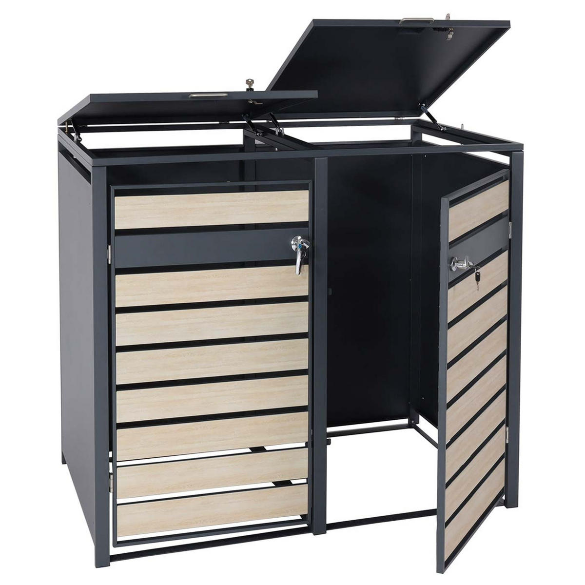 MÜLLTONNENBOX 2er 117x132x80cm Anthrazit Buche-Holzoptik Hellbraun - Hellbraun, Metall (132/117/80cm) - PROREGAL