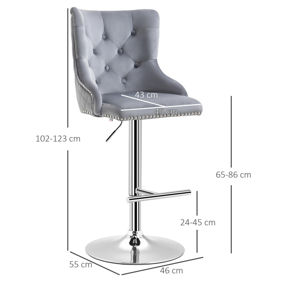 2ER Set Barhocker Barstühle Drehstühle höhenverstellbar modern Hellgrau - Grau, Kunststoff (55/123/46cm) - HOMCOM