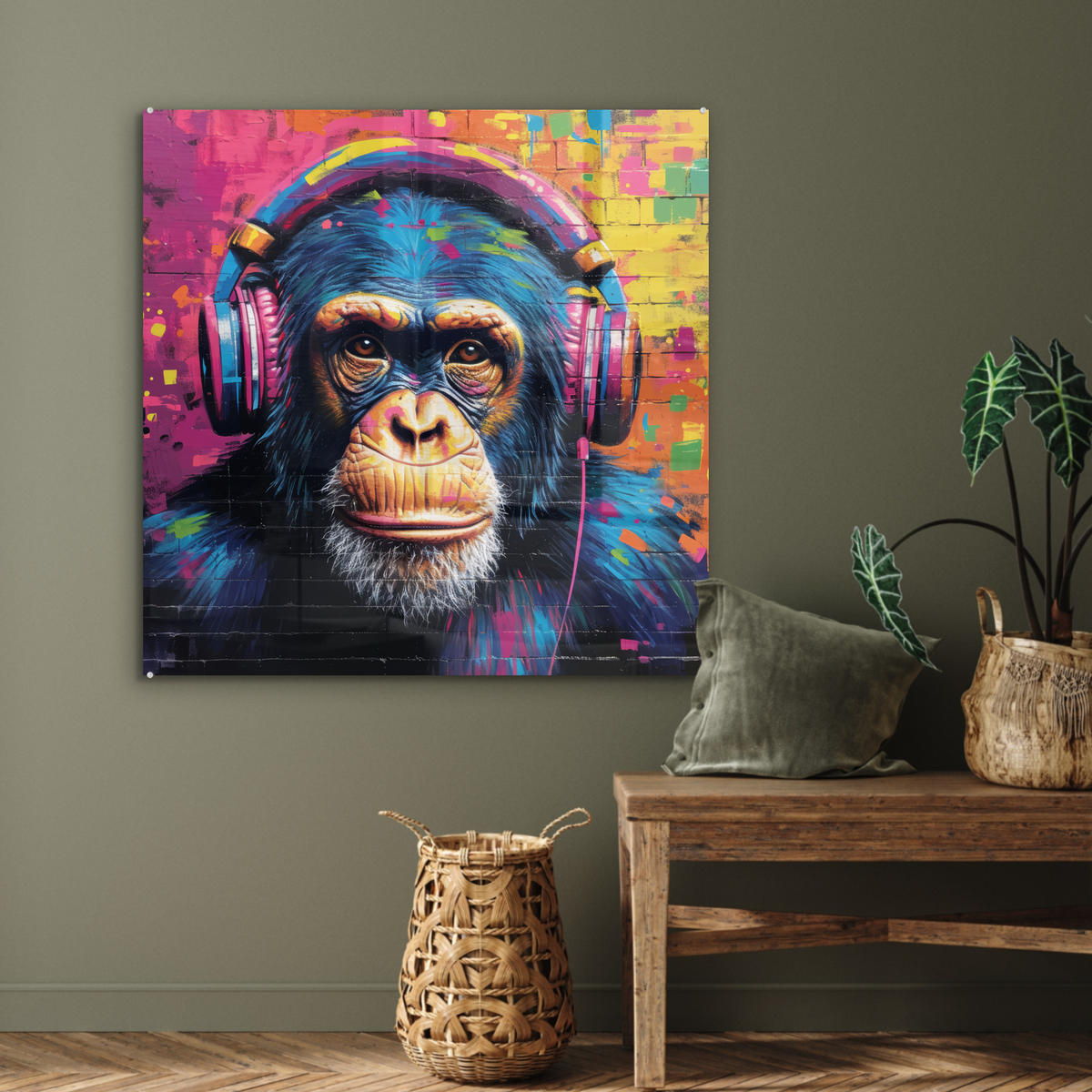 ACRYLGLASBILD Graffiti - Schimpanse - Straßenkunst - Kopfhörer - Affe 90x90 cm - Blau, Glas (90/90cm) - MuchoWow