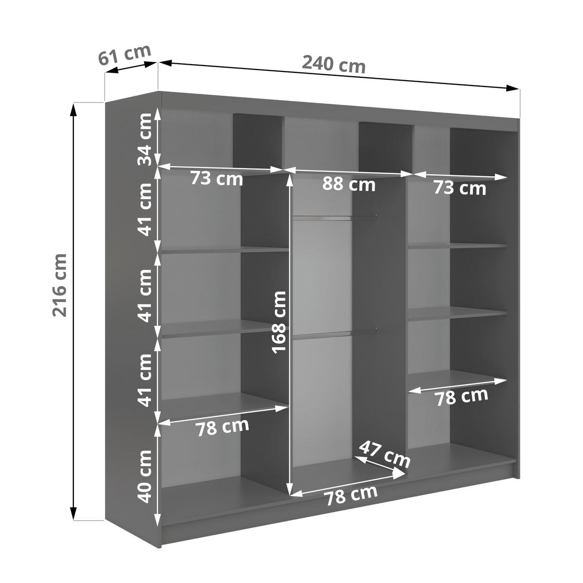SCHWEBETÜRENSCHRANK 240 - VERONA - Grau mit Spiegel - Alufarben/Grau, Holzwerkstoff/Metall (240/216/61cm) - MKS