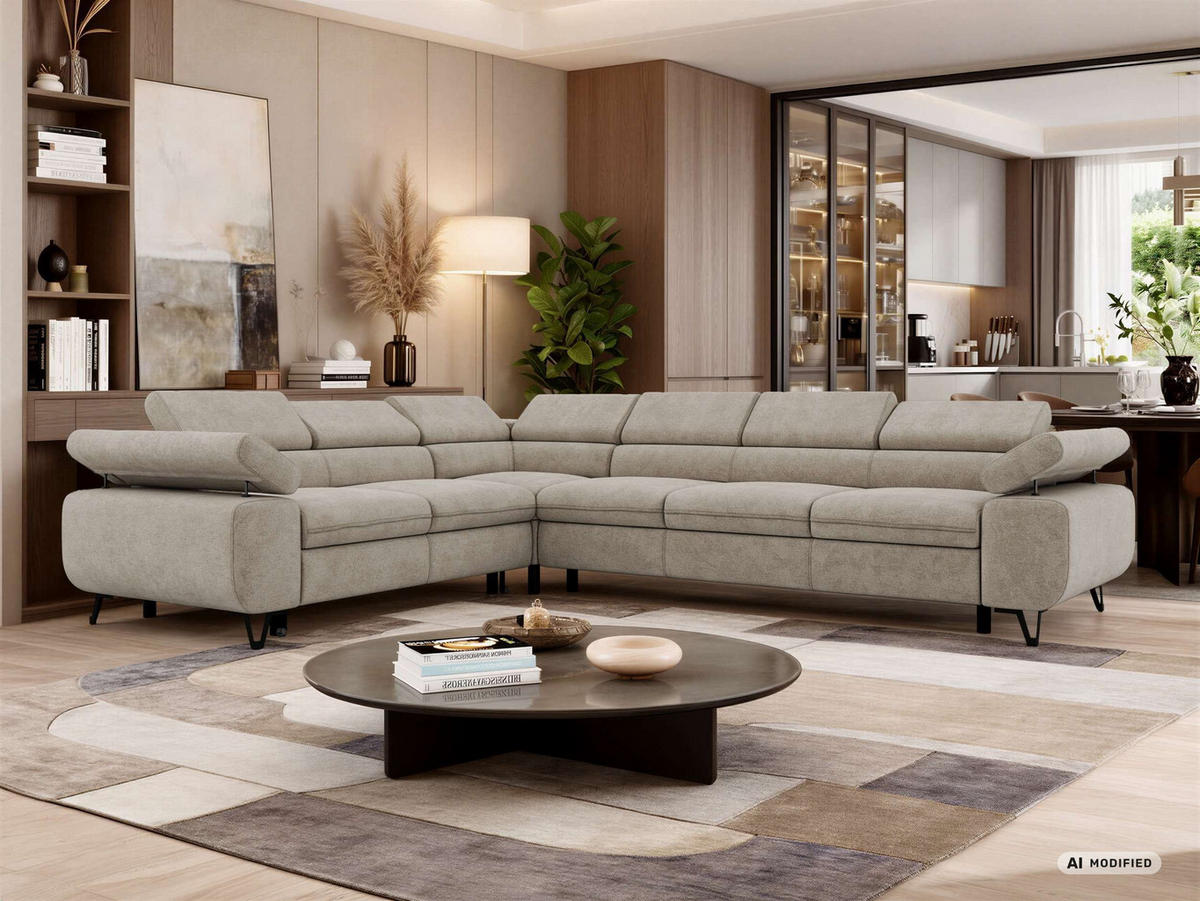 ECKSOFA NORDEN L - Greige Stukture - Rechts Seite - Greige/Schwarz, Textil/Metall (329/269cm) - MKS