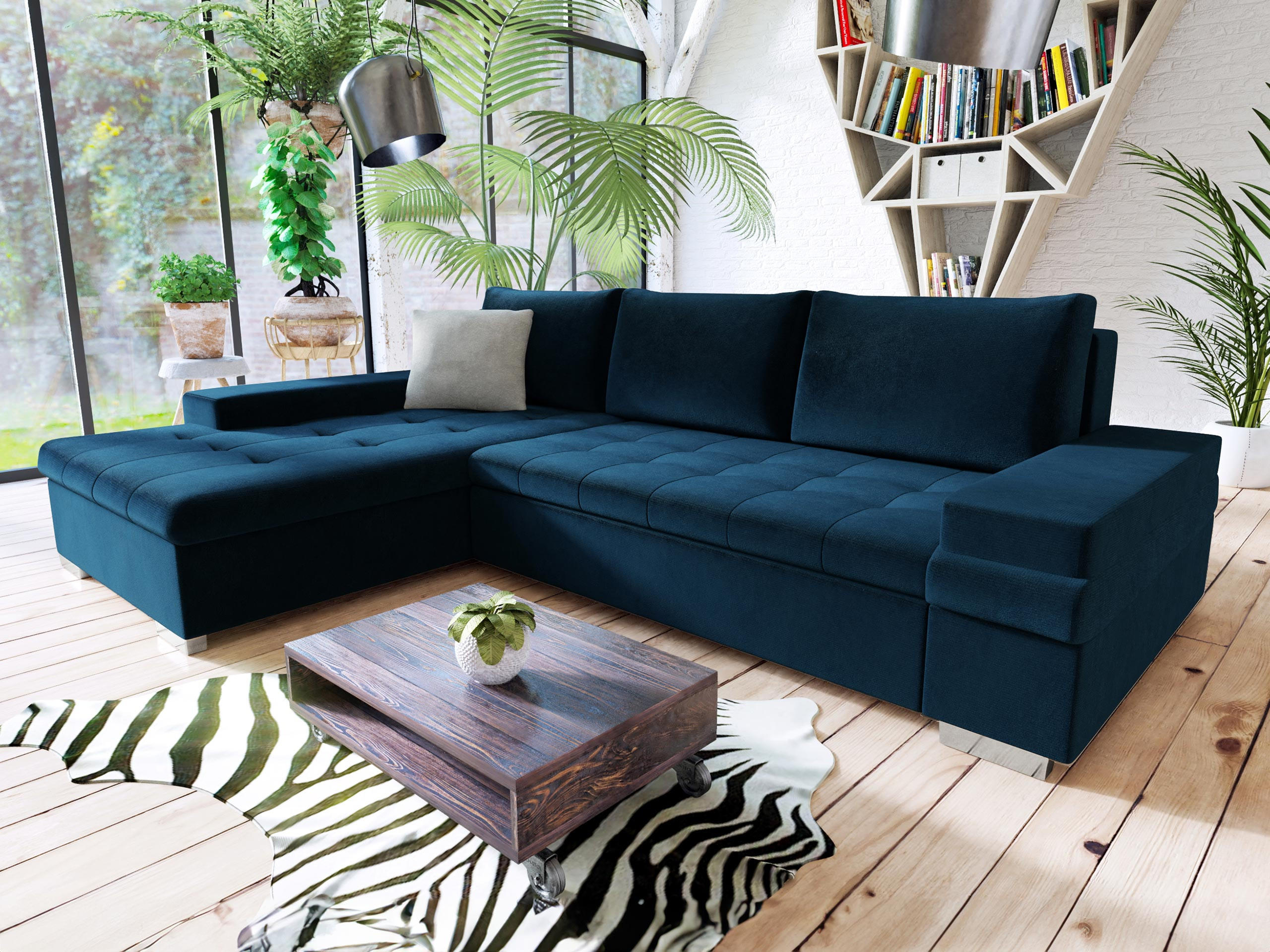 ECKSOFA Bangkok Mini - Silberfarben/Dunkelblau, Holz/Textil (274/182cm) - MIRJAN24