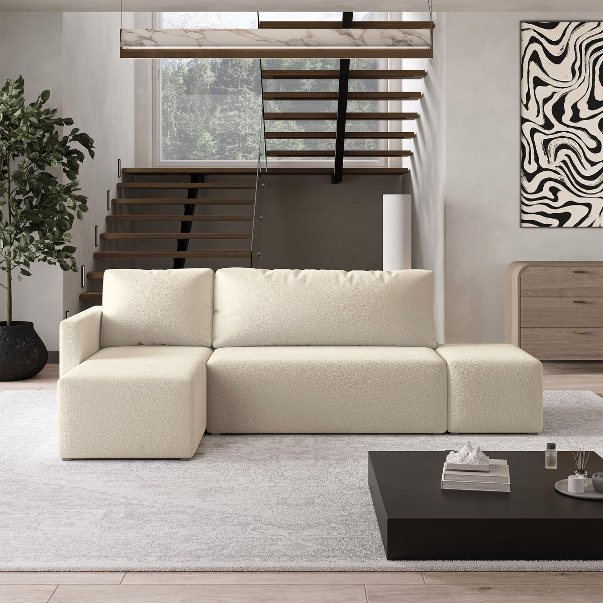 ECKSOFA VELOTTI L-S Creme Boucle-Stoff mit Schlaffunktion - Creme, Holz (261/143cm) - MASSENO