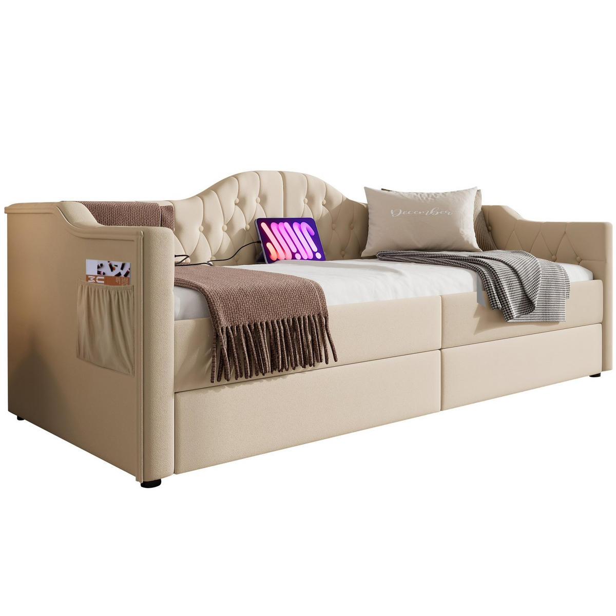 OBLAZINJENA postelja 90/200 cm z USB in priključkom Type-C, 2 predaloma in stranskimi žepi, Bež - bež, tekstil (90/200cm) - Redom