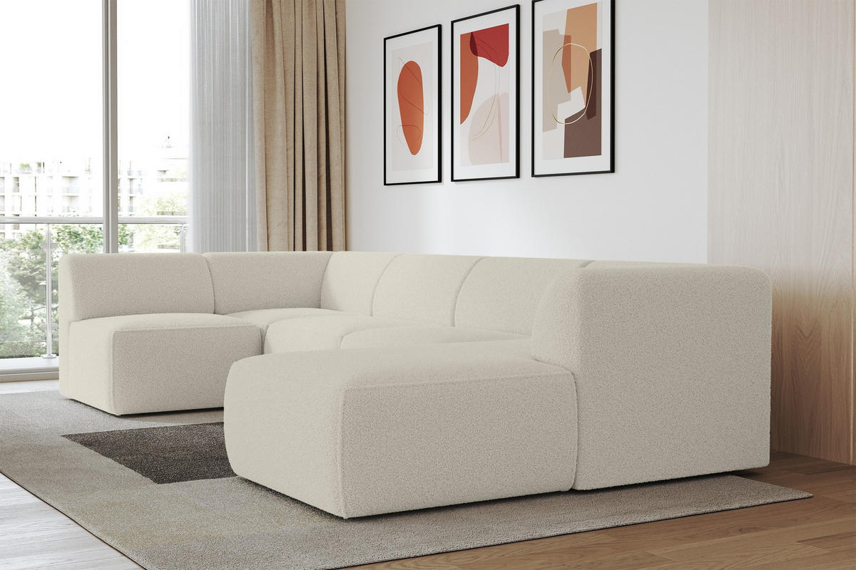 WOHNLANDSCHAFT Ottomane Rechts MOVO-L 345x180x78 cm Beige Bouclé - Sandfarben/Beige, Holzwerkstoff/Kunststoff (345/78/180cm) - ALTDECOR