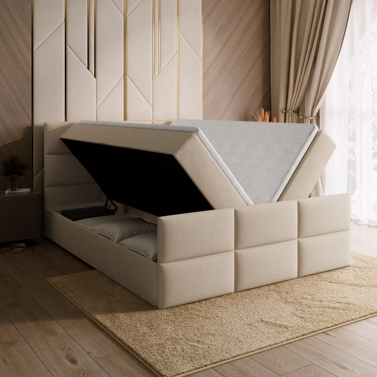 BOXSPRINGBETT Boston Duo Mit Bettkasten, Topper und Matratze Ecru Cosmic 10 140x200 cm - Ecru/Schwarz, Textil (140/200cm) - Bromarkt