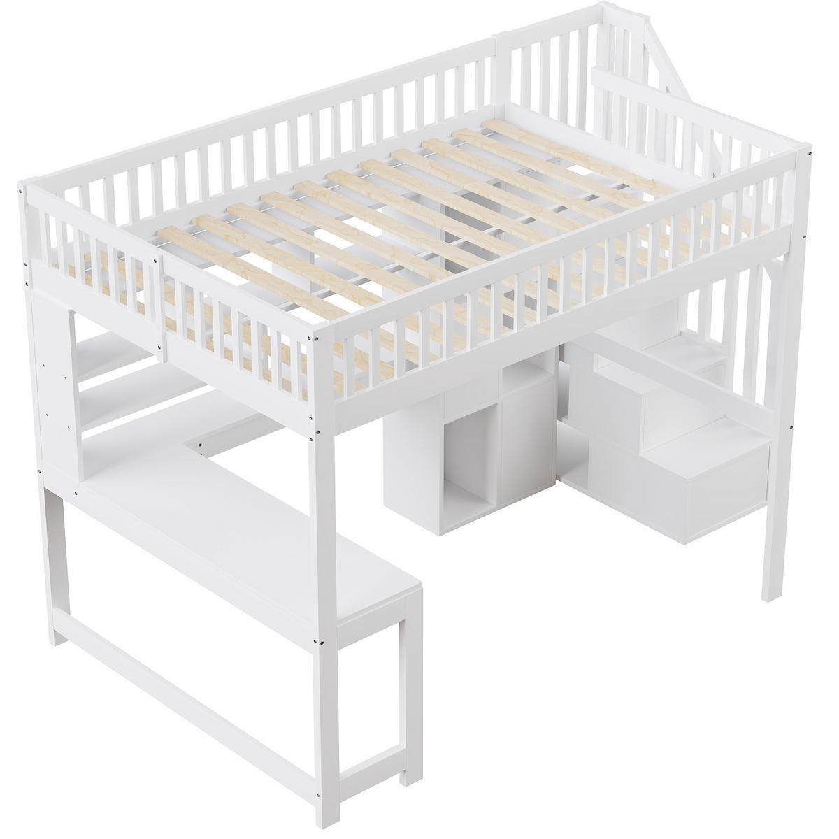 HOCHBETT 140/200 cm mit LED-Beleuchtung, Ablageleiter, Regalen und Schreibtisch, Weiß - Weiß, Holz (140/200cm) - Redom