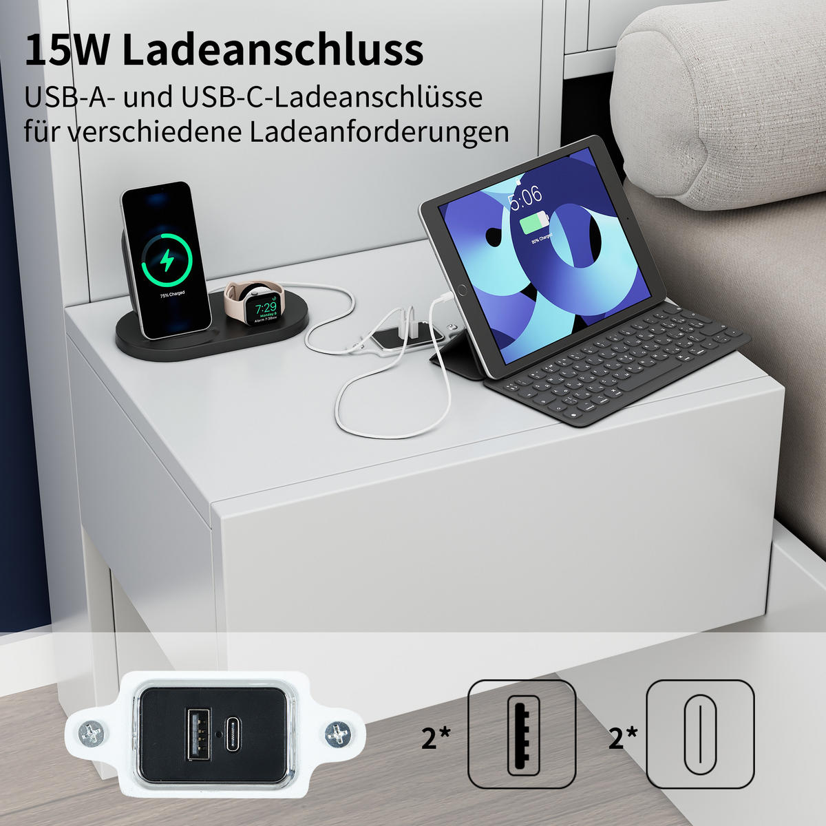 DOPPELBETT 160x200cm mit USB-Anschluss, elektronischer Uhr, Bluetooth-Lautsprecher, Farblichtleiste, weiß - Weiß, Metall (160/200cm) - KOMHTOM