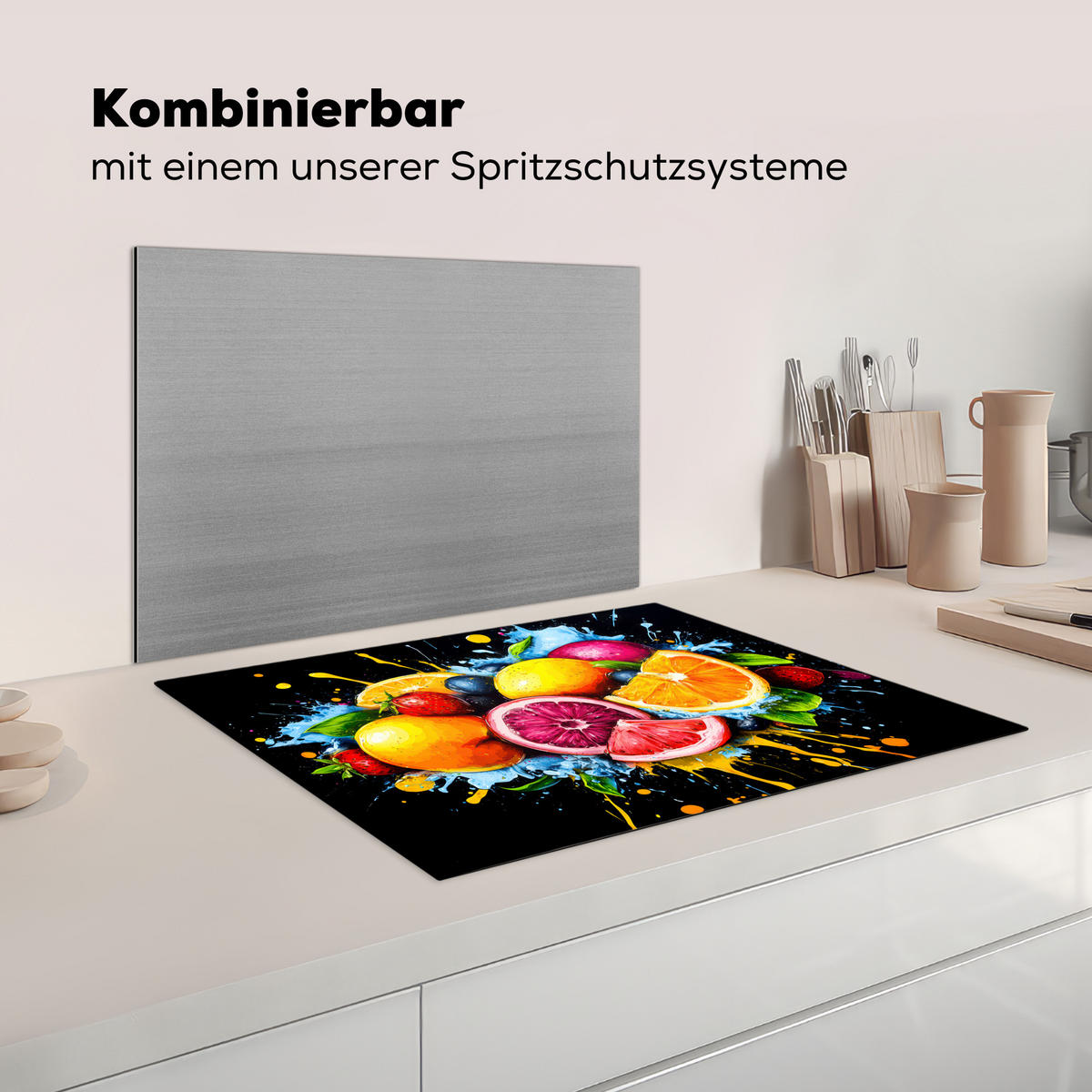 KRYT NA INDUKČNÍ DESKU Ovoce - graffiti - barevné - pomeranč - jahoda - abstraktní 70x52 cm - pomerančová, plast (70/52/0.2cm) - MuchoWow