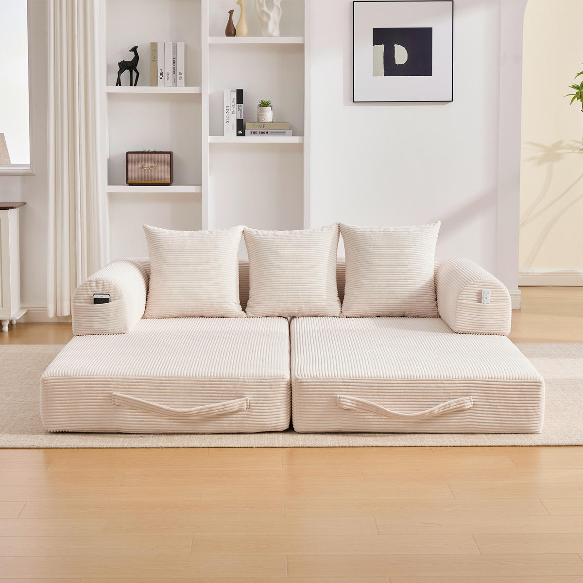 SCHLAFSOFA 200/94/67 cm Beige mit Seitentaschen plus und 3 Kissen - Beige, Textil (200/67/94cm) - Oxeza