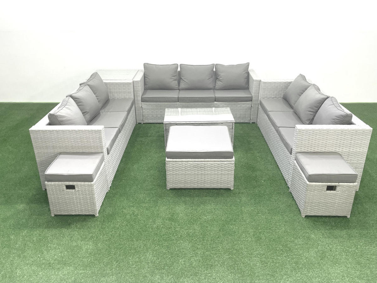 GARTENSET mit 3-SITZER SOFA,COUCHTISCH Polyrattan Hellgrau-Mix 12-Sitzer - Hellgrau/Grau, Glas/Kunststoff - Fimous